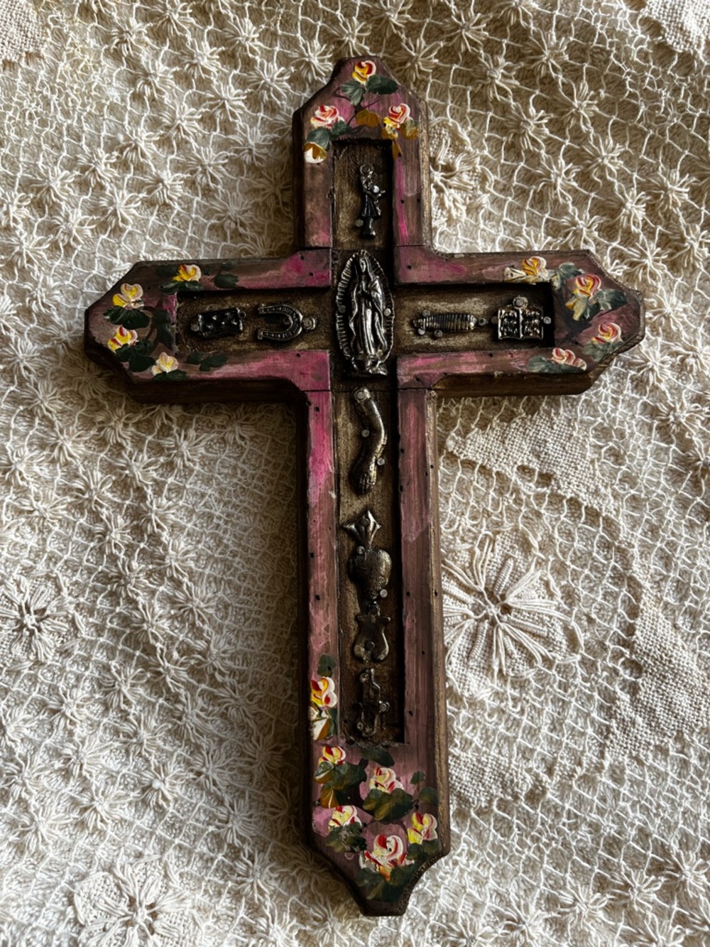 Hand painted wood cross made in Mexico